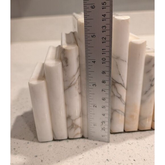 White Marble Bookends Natural Veins Green Base Den library - Picture 6 of 14